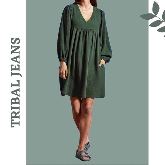 Tribal Jeans 53440-4555 - COTTON GAUZE PUFF SLEEVE DRESS Cactus Green Size Small - Picture 1 of 11